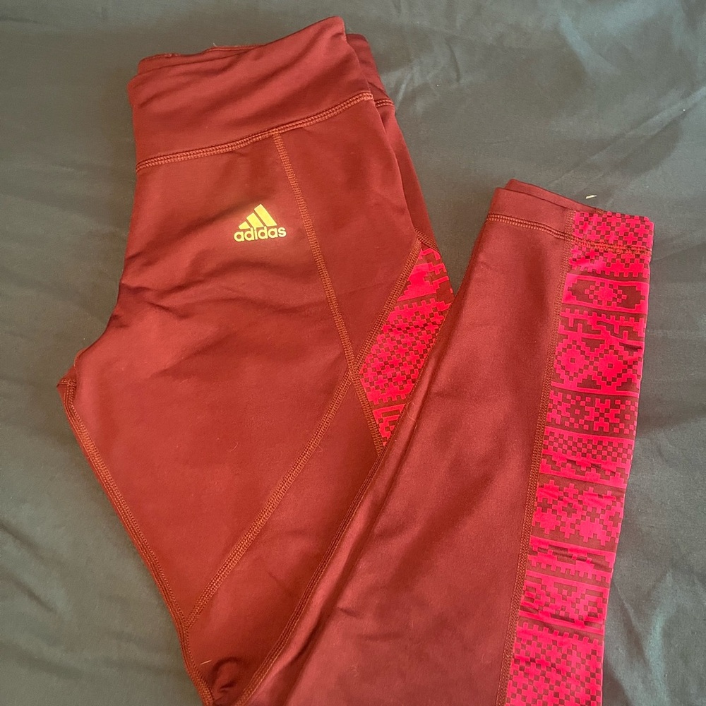 Adidas Pink and Red Athletic Leggings with Pattern Panel
